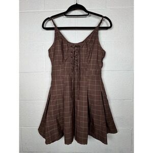 Social Collision Plaid Mini Dress Lace Up Pleated Dark Academia Small
